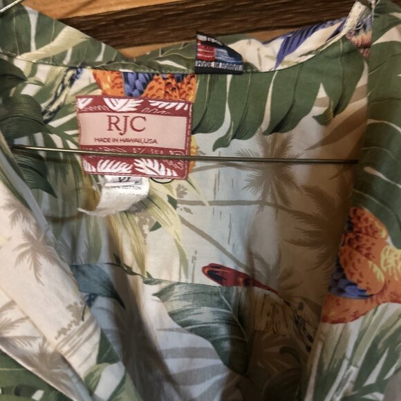 RJC Button Up Shirt Mens XL Beige Short Sleeve Hawaiian Floral Aloha Collared - Picture 3 of 5